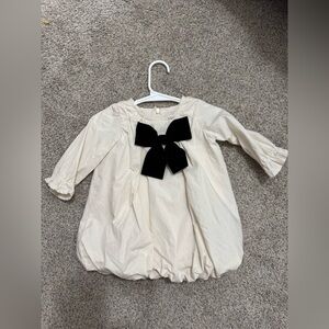Cotton Cream Dress with Black Bow 3-6m